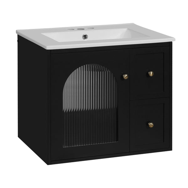 English Elm 24" Modern Wall-Mount Bathroom Vanity with Ceramic Sink, Glass Door Cabinet, 2 Drawers, Soft-Close Black N710P286704B