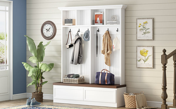 English Elm Rattan Door Hall Tree Bench with 6 Hooks Farmhouse Entryway Storage White+Walnut N721S000076K