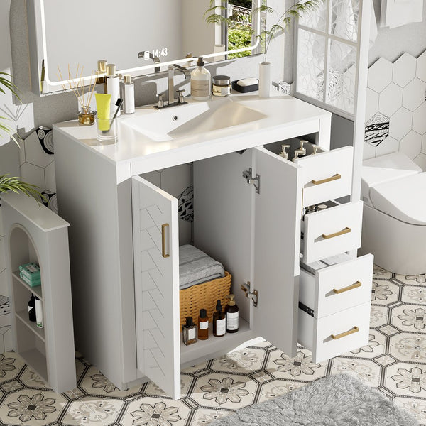 English Elm 36'' Bathroom Vanity with Ceramic Sink Combo Solid Wood Frame Soft-Closing Drawers Ample Storage Elegance White N710P243327K
