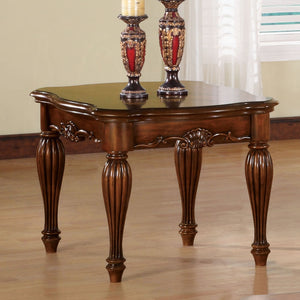 English Elm Cherry End Table with Carved Apron and Turned Fluted Legs, Cherry Veneer Top, Sleek 18mm Profile B062P189187