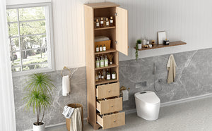 English Elm 67.7" Tall Freestanding Bathroom Cabinet with 3 Drawers, Open Shelves, Gold Handles, Anti-Tip Safety N729P335604O