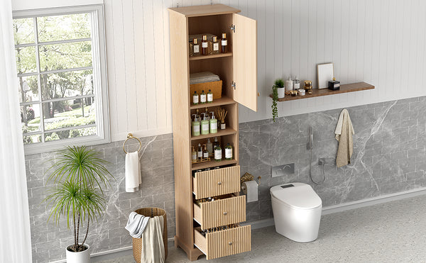 English Elm 67.7" Tall Freestanding Bathroom Cabinet with 3 Drawers, Open Shelves, Gold Handles, Anti-Tip Safety N729P335604O