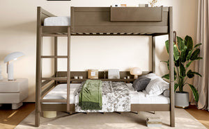 English Elm Full Pine Bunk Bed with Integrated Bookshelves Guardrails and Detachable Frame Brown W5316S00012