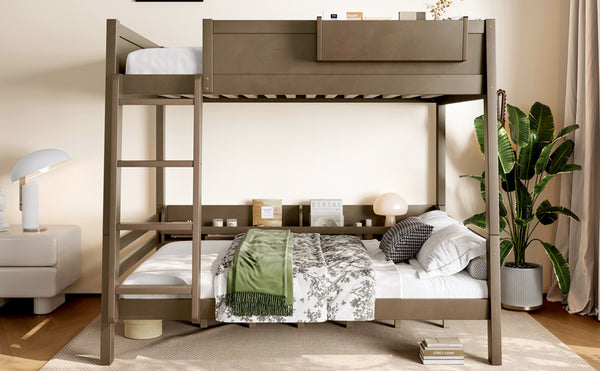 English Elm Full Pine Bunk Bed with Integrated Bookshelves Guardrails and Detachable Frame Brown W5316S00012