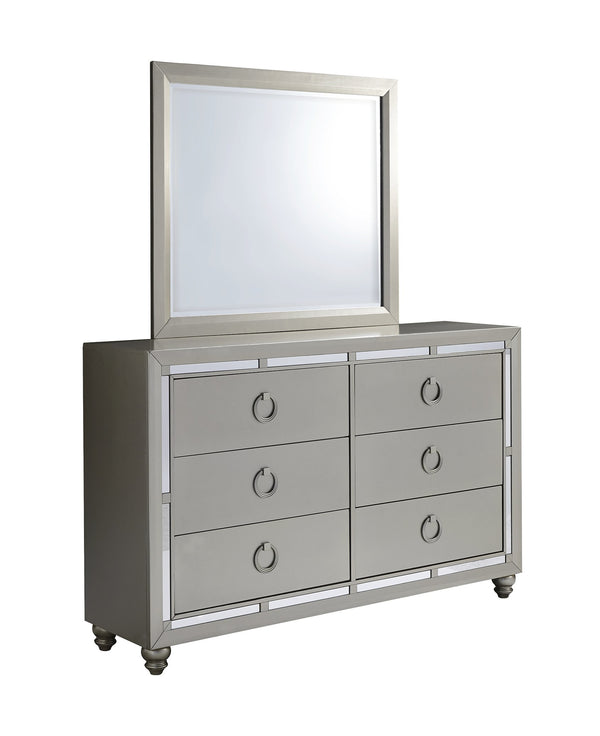 English Elm CHLOE Mirrored Gemstone Silver Chest with Spacious Drawers, Bun Feet and Center Metal Glide Elegance Silver+Grey 65 L x 19.75 W x 39 H B201P215914