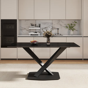 English Elm 63" Modern Sintered Stone Dining Table with Durable X-Leg Iron Base, Seats 6, 400 lb Capacity Black W1535S00532