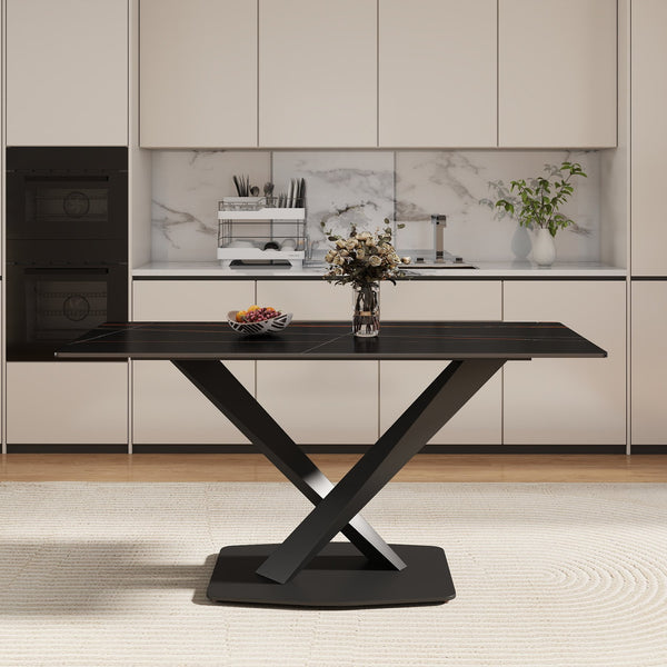 English Elm 63" Modern Sintered Stone Dining Table with Durable X-Leg Iron Base, Seats 6, 400 lb Capacity Black W1535S00532