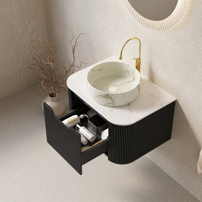 English Elm Dina Floating Bathroom Vanity with Sintered Stone Top and Crystal Glass Basin Black,Carrara White,Stone White W2615S00399