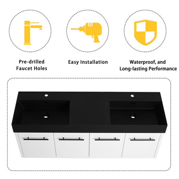 English Elm 60 Inch Wall-Mounted Bathroom Vanity With Double Black Resin Sink & Soft-Close Doors For Style W999S00253