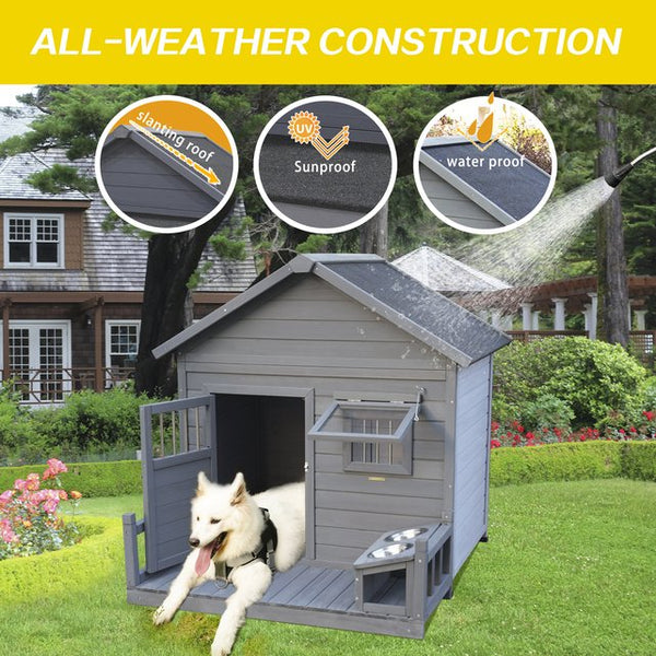 English Elm Large Breed Outdoor Doghouse Solid Fir Wood Covered Porch Weatherproof Asphalt Roof W1431S00010