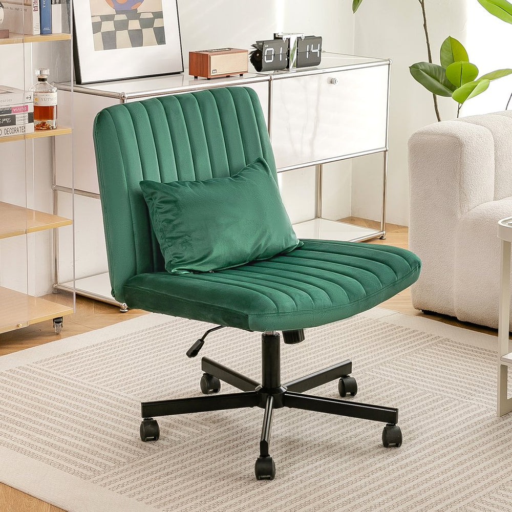 English Elm Green Velvet Criss Cross Armless Office Chair Model 875 - Plush Swivel, Adjustable Tilt, Wheels for Home W3394P329164