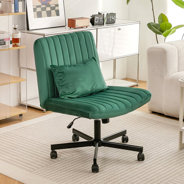 English Elm Green Velvet Criss Cross Armless Office Chair Model 875 - Plush Swivel, Adjustable Tilt, Wheels for Home W3394P329164