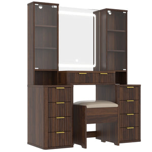 English Elm 43.5" Fluted Makeup Vanity with Led Mirror Glass Top Gold Hardware and Storage Stool Brown N704G202305P