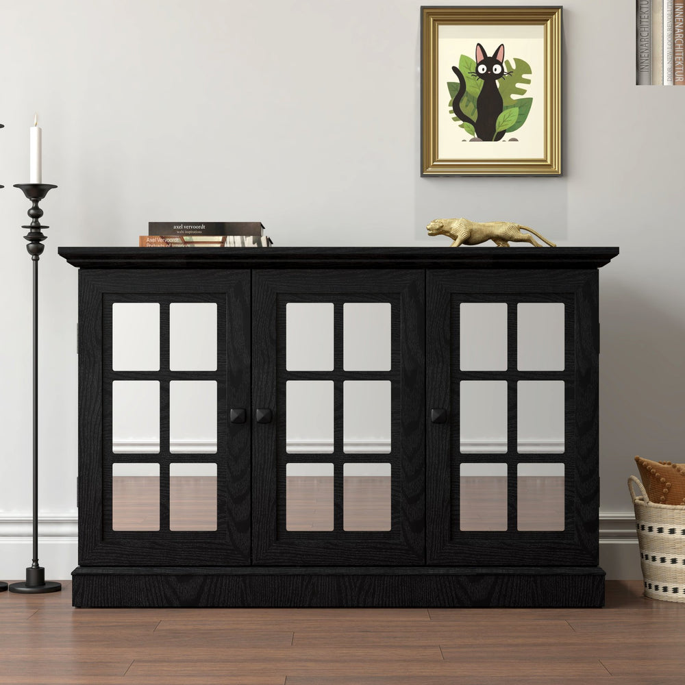 English Elm 45" Mirrored Acrylic Door Sideboard Mdf Buffet Cabinet with Adjustable Shelves Black W2899P372750