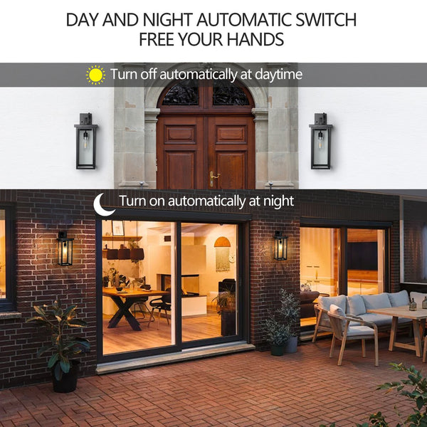 English Elm 20"(H) Set Of 2 Modern Outdoor Wall Lanterns - Black Metal Frame, Clear Glass, Dusk-To-Dawn Sensors W2312P374777