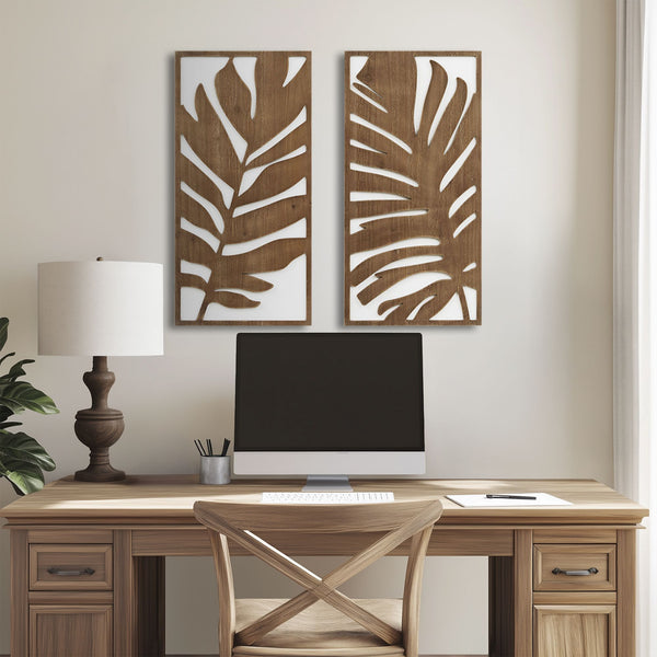 JLA Home Madison Park - Two-tone Birch Botanical Wall Panels Set — Sculptural Leaf Relief on White for Modern Coastal & Scandinavian Rooms Monstera MP95B-0361