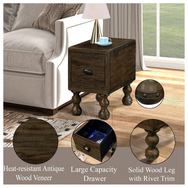 English Elm Solid Wood End Table - Vintage-Inspired Narrow Nightstand With Drawer For Small Spaces, Easy Assembly W1202P176734-GIGA