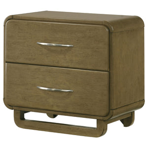 English Elm Tully Nutmeg two-drawer nightstand with metal glide drawers, modern profile, warm wood finish for tidy bedside spaces B062P374094