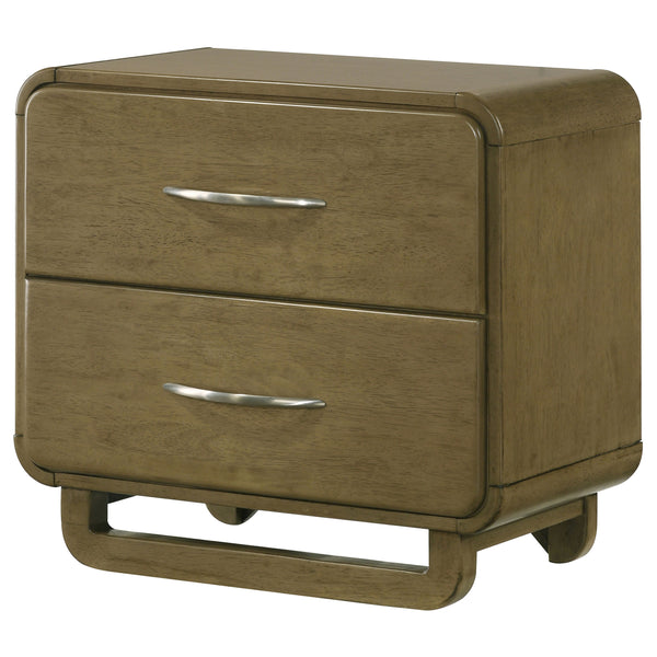 English Elm Tully Nutmeg two-drawer nightstand with metal glide drawers, modern profile, warm wood finish for tidy bedside spaces B062P374094