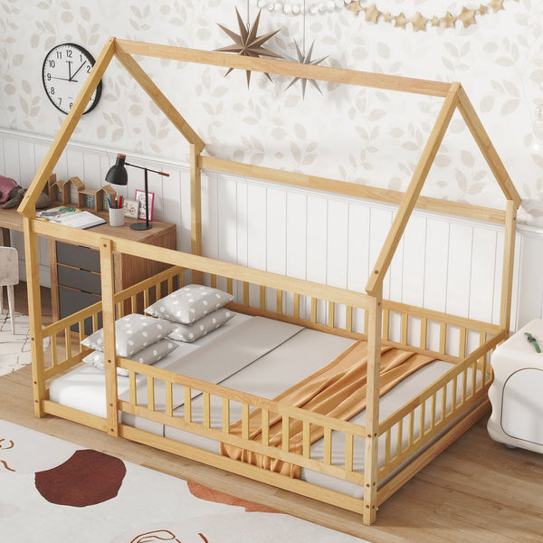 English Elm Twin House Shaped Floor Bed Solid Rubberwood Frame with Guardrails for Kids W504P370560