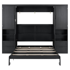 English Elm Queen Murphy Fold Down Wall Bed with Wardrobe Drawers and Shelves for Guest Rooms LP000909AAB