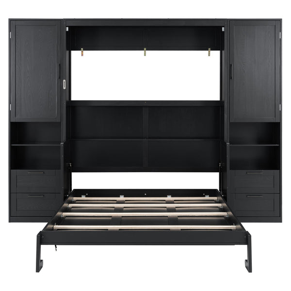 English Elm Queen Murphy Fold Down Wall Bed with Wardrobe Drawers and Shelves for Guest Rooms LP000909AAB