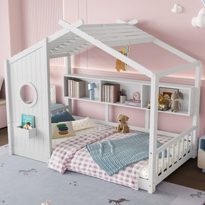 English Elm Twin House Floor Bed for Kids Montessori Playhouse with Roof, Built-In Shelf, Sturdy Pine Frame, Safeologna White 78.6 L x 16.6 W x 6.85 H N733P335064K