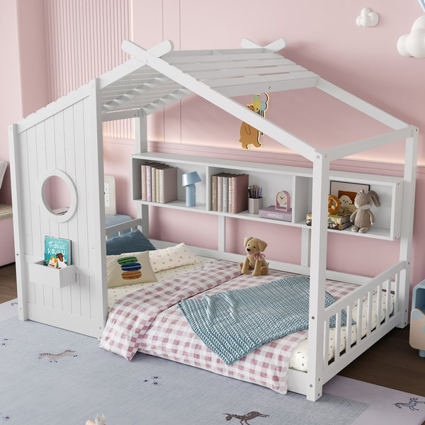 English Elm Twin House Floor Bed for Kids Montessori Playhouse with Roof, Built-In Shelf, Sturdy Pine Frame, Safeologna White 78.6 L x 16.6 W x 6.85 H N733P335064K