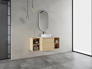 English Elm 48'' Wall-Mounted Bathroom Vanity With Elegant Ceramic Sink, Soft-Close Door & Open Storage Shelves W999S00469