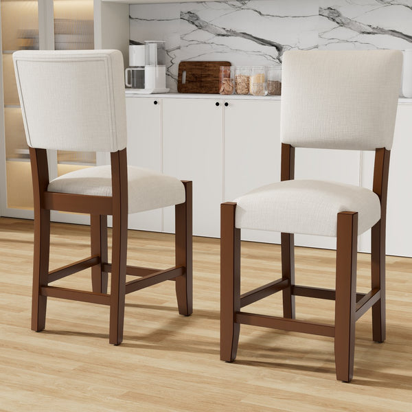 English Elm Mid Mid Century Modern Bar Stools Set of 2 — Ergonomic Linen Upholstered Counter Stools with Solid Rubberwood Legs, Plush Foam Seating for Kitchen Island Dining (Beige) N752P342929A