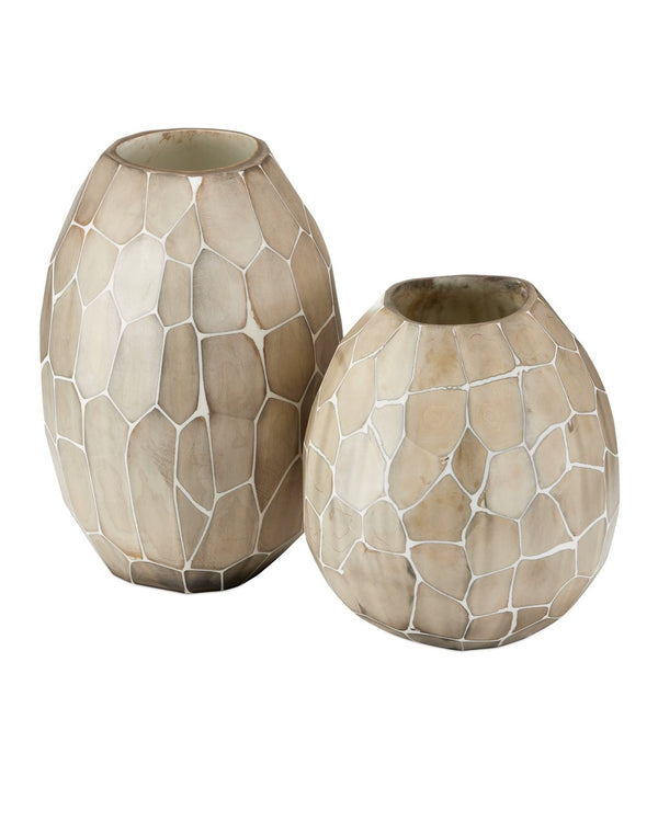 Currey & Company Runnell Decorative Glass Vase Set Of 2 - Handcrafted Marbled White Design With Unique Mosaic Effect Ivory Glass 1200-1032-currey-company