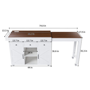 English Elm 74.8" Rolling Kitchen Island Extendable Marble Veneer Top with Power Outlet and Storage W2700S00105