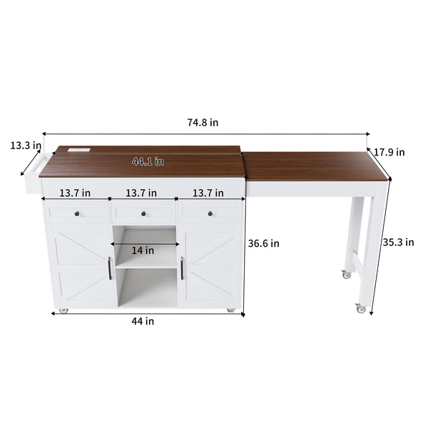 English Elm 74.8" Rolling Kitchen Island Extendable Marble Veneer Top with Power Outlet and Storage W2700S00105