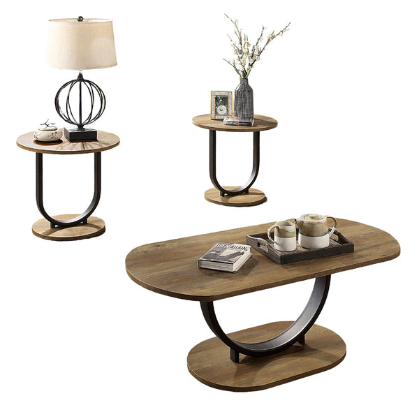 English Elm Industrial 3pc Coffee Table Set with Replicated Wood Tops and Sand Black U-Shape Steel Base, Rustic Appeal Black,Oak 51 L x 28 W x 8 H B2741P360157