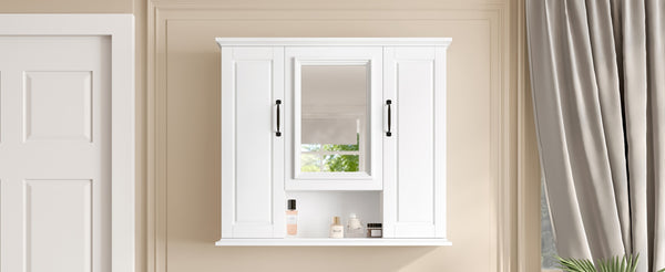 English Elm 36'' Mirror Cabinet with 3 Doors — Wall-Mounted Bathroom Storage Unit, MDF & Pine, Spacious Shelves White N725P346902K