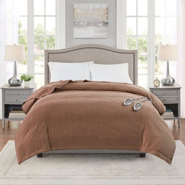 JLA Home Beautyrest - Heated Beautyrest Electric Micro Fleece Blanket with Safe EMF Shield, 20 Heat Settings & Auto-Off Brown BR54-0192