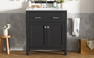 English Elm 30" Modern Bathroom Vanity with Ceramic Sink and Soft-Close Doors, Solid Wood MDF Build, Sleek Handles Black N729P263155B