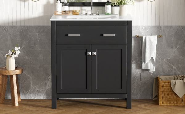 English Elm 30" Modern Bathroom Vanity with Ceramic Sink and Soft-Close Doors, Solid Wood MDF Build, Sleek Handles Black N729P263155B