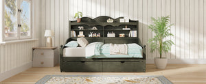 English Elm Twin Daybed Retro Wood Frame with Under Bed Drawers and Headboard Shelving Antique Grey N733S415358E