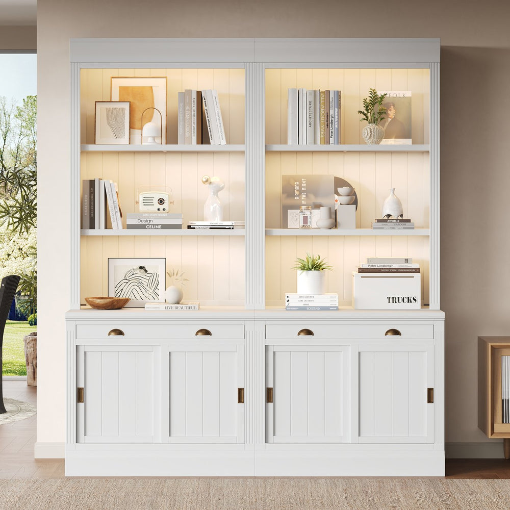 English Elm 83.4"tall Two-piece Bookcase Suite with Led Shelves Tempered Glass Doors Matte Black N751S059621K