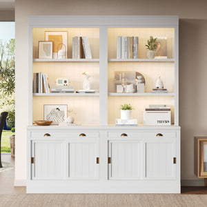 English Elm 83.4"tall Two-piece Bookcase Suite with Led Shelves Tempered Glass Doors Matte Black N751S059621K