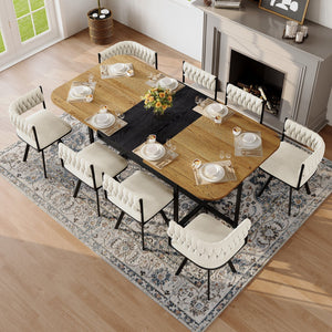 English Elm 9-piece Square Dining Set Velvet Upholstered Chairs Two-tone Tabletop Seats 8 Beige,Black,Wood W3875S00141