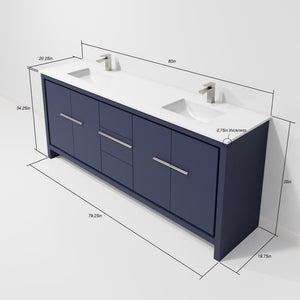 English Elm Navy Double Bath Vanity 80" W With White Quartz Top & 70" Mirror - Elegant Storage Solution! B2731S01504
