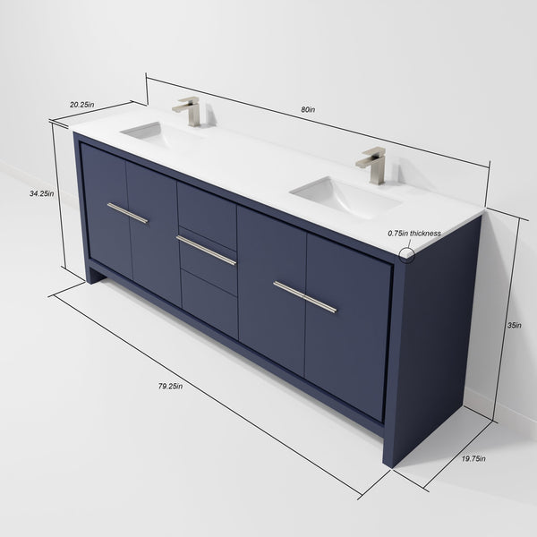 English Elm Navy Double Bath Vanity 80" W With White Quartz Top & 70" Mirror - Elegant Storage Solution! B2731S01504