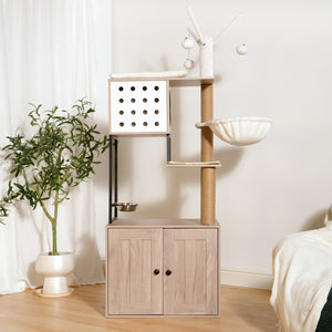 English Elm Cat Condo Tower with Hidden Litter Enclosure Sisal Posts and Feeding Station W1687P304380