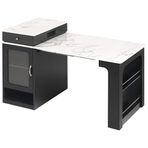 English Elm K&K Modern Extendable 59.5" Kitchen Island with Double-Sided Storage, Power Outlet & Casters Black N707S000017B