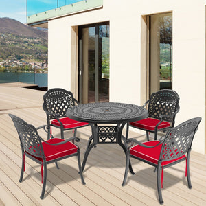 English Elm 5-Piece Cast Aluminum Patio Set With Red Cushions - Stylish Outdoor Dining For 4, Space-Saving Design W1710S00064