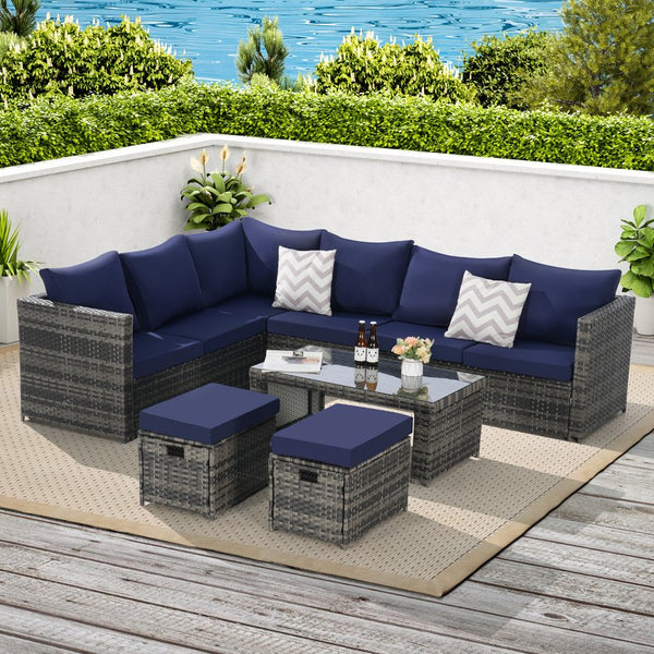 English Elm 6 Piece Outdoor Modular Sectional with Pe Wicker Cushioned Seating and Tempered Glass Table Dark Blue W874S00065