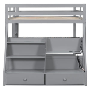 English Elm Full Bunk Bed with App Led Lighting Usb Charging Storage Drawers Kids Bedroom Gray N820S00080E
