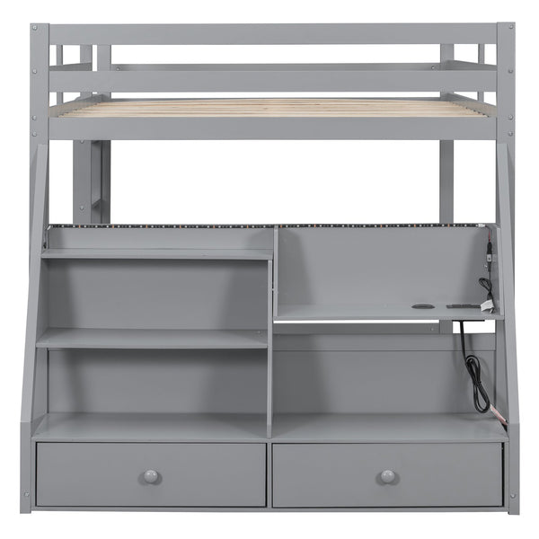 English Elm Full Bunk Bed with App Led Lighting Usb Charging Storage Drawers Kids Bedroom Gray N820S00080E